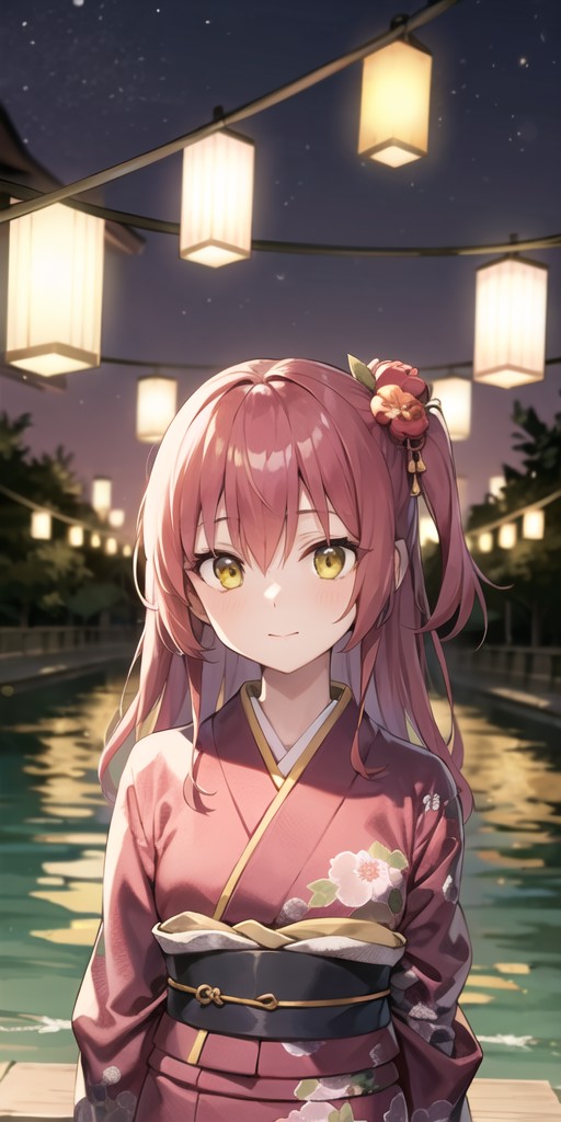 1girl, kimono, japanese clothes, upper body, red hair, yellow eyes, lantern, night, river, looking at viewer, arms behind ...